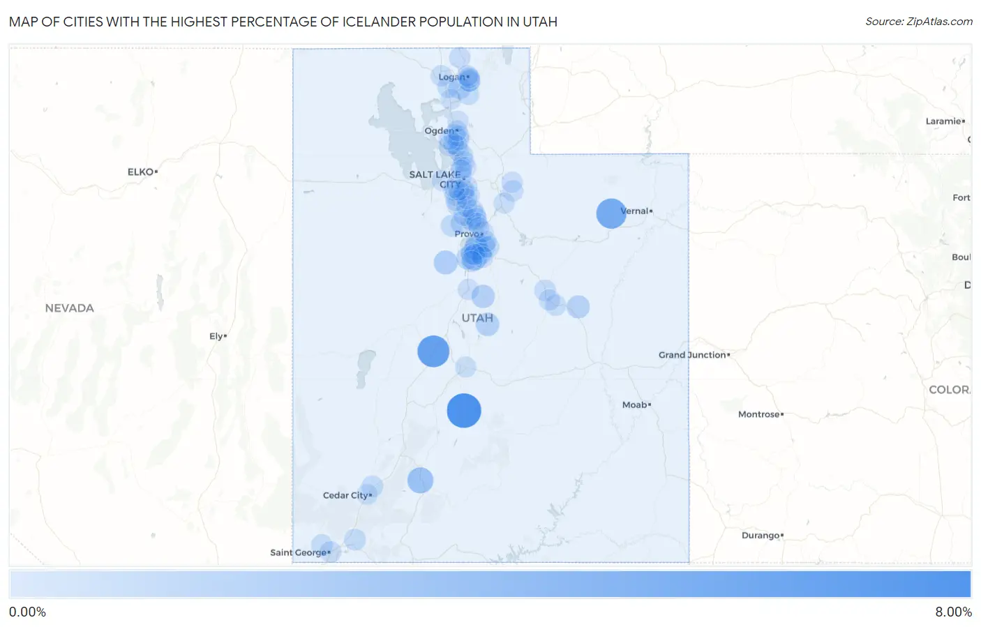 Cities with the Highest Percentage of Icelander Population in Utah Map
