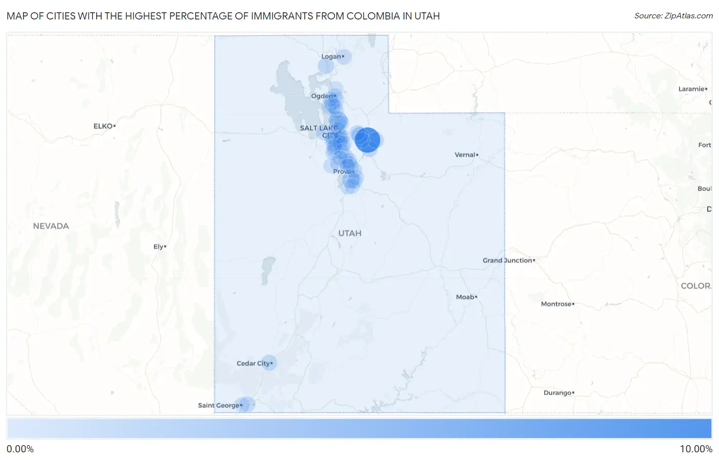 Cities with the Highest Percentage of Immigrants from Colombia in Utah Map