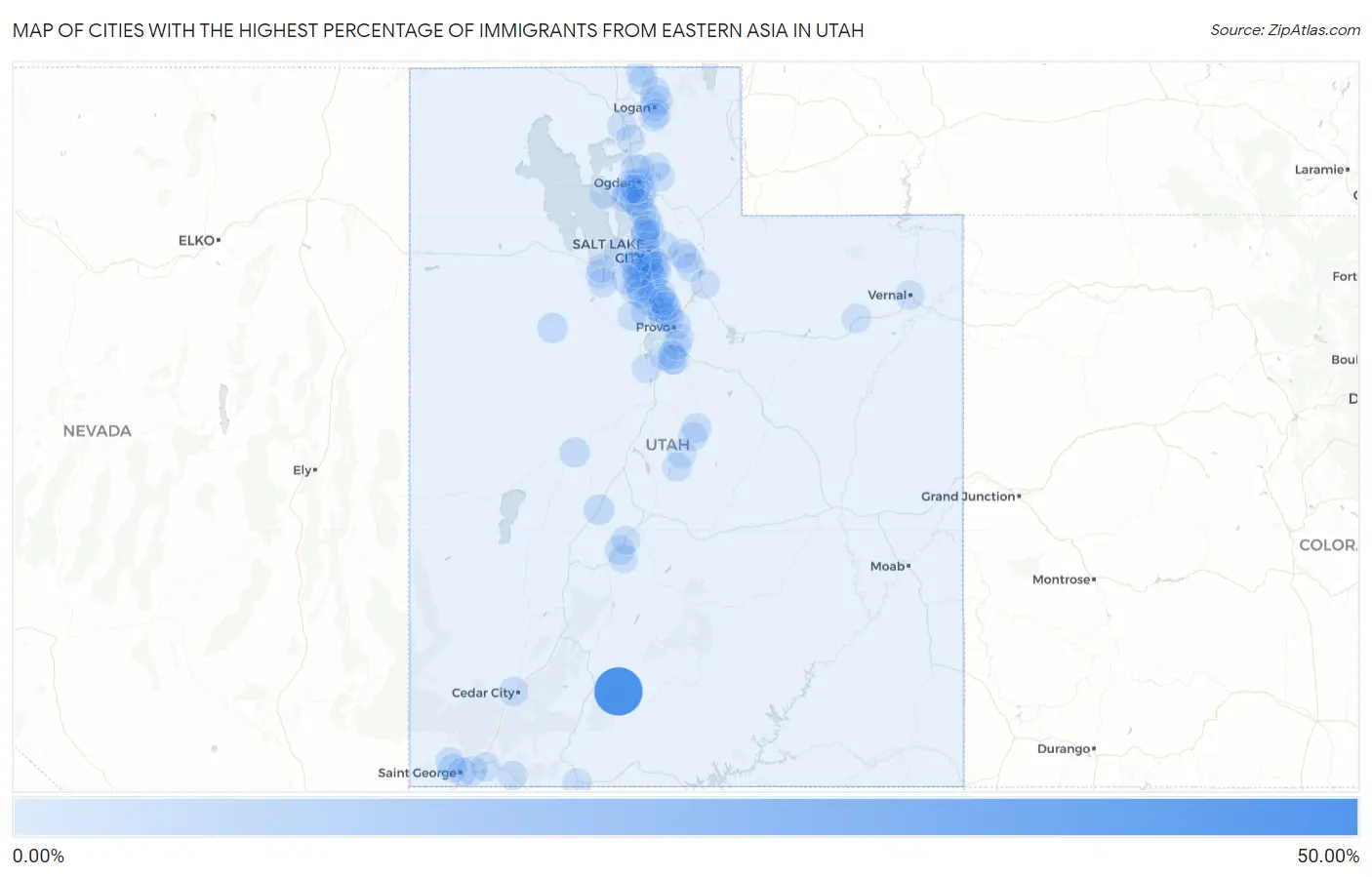 Cities with the Highest Percentage of Immigrants from Eastern Asia in Utah Map