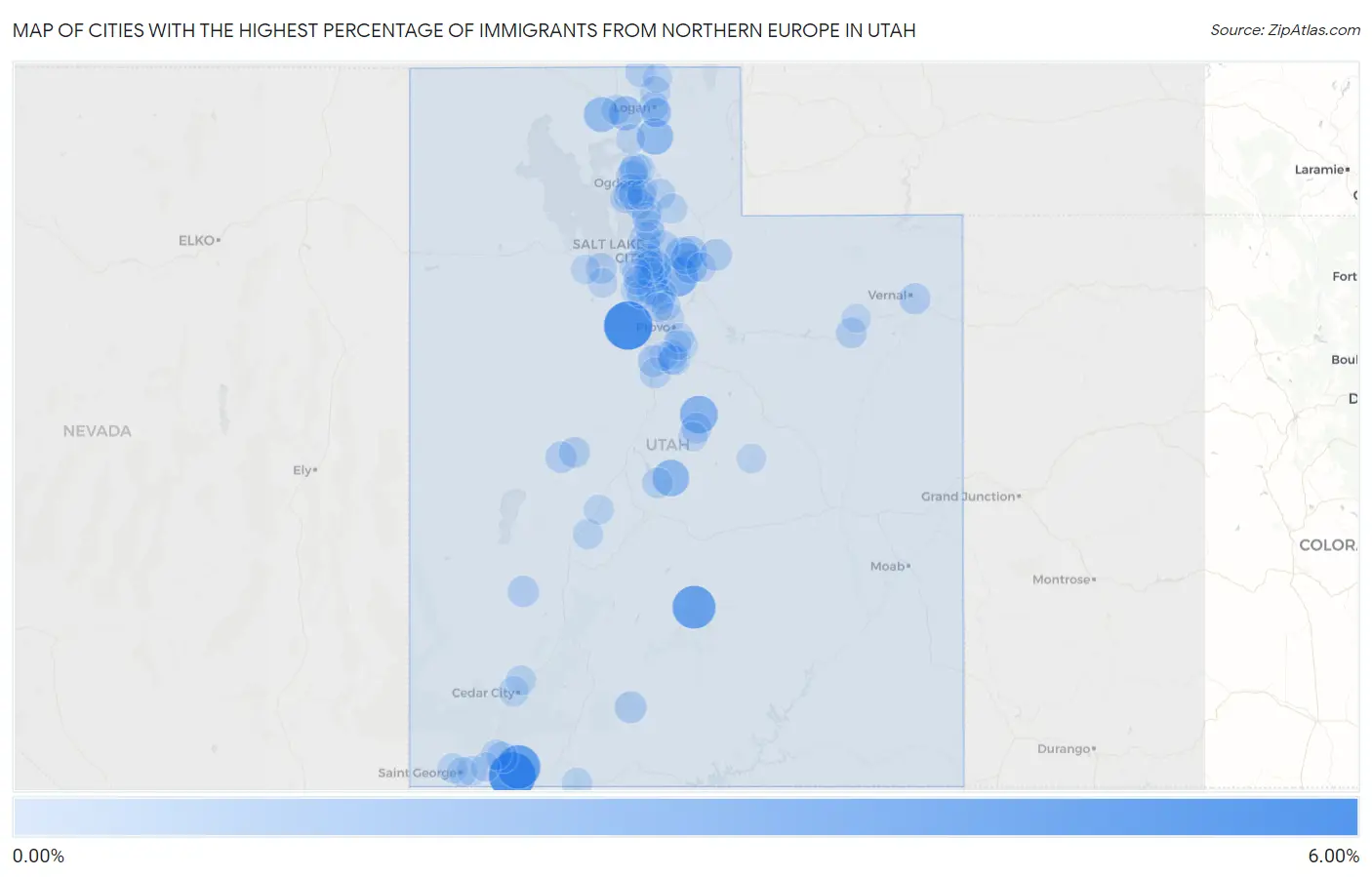Cities with the Highest Percentage of Immigrants from Northern Europe in Utah Map