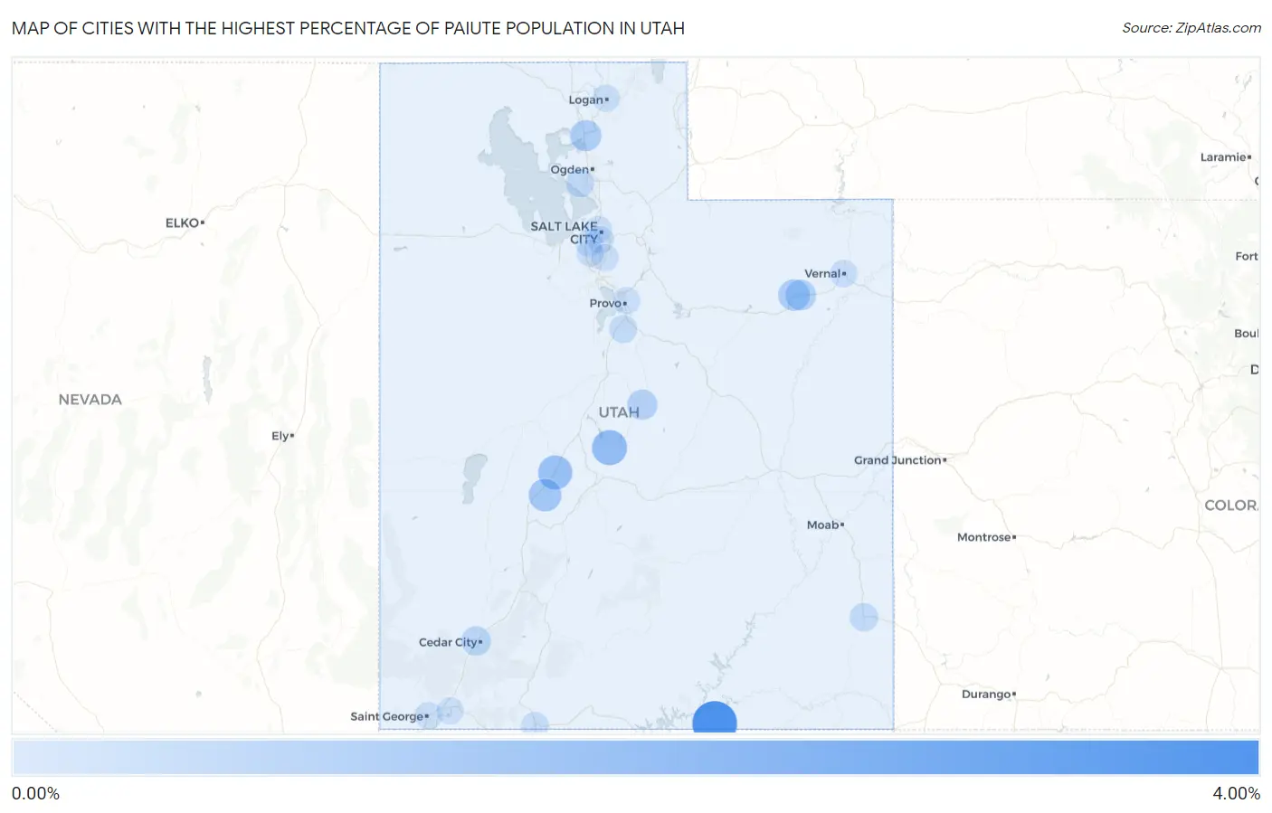 Cities with the Highest Percentage of Paiute Population in Utah Map
