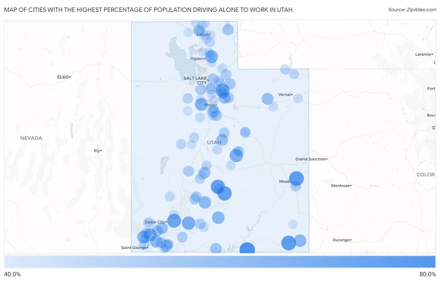 Cities with the Highest Percentage of Population Driving Alone to Work in Utah Map