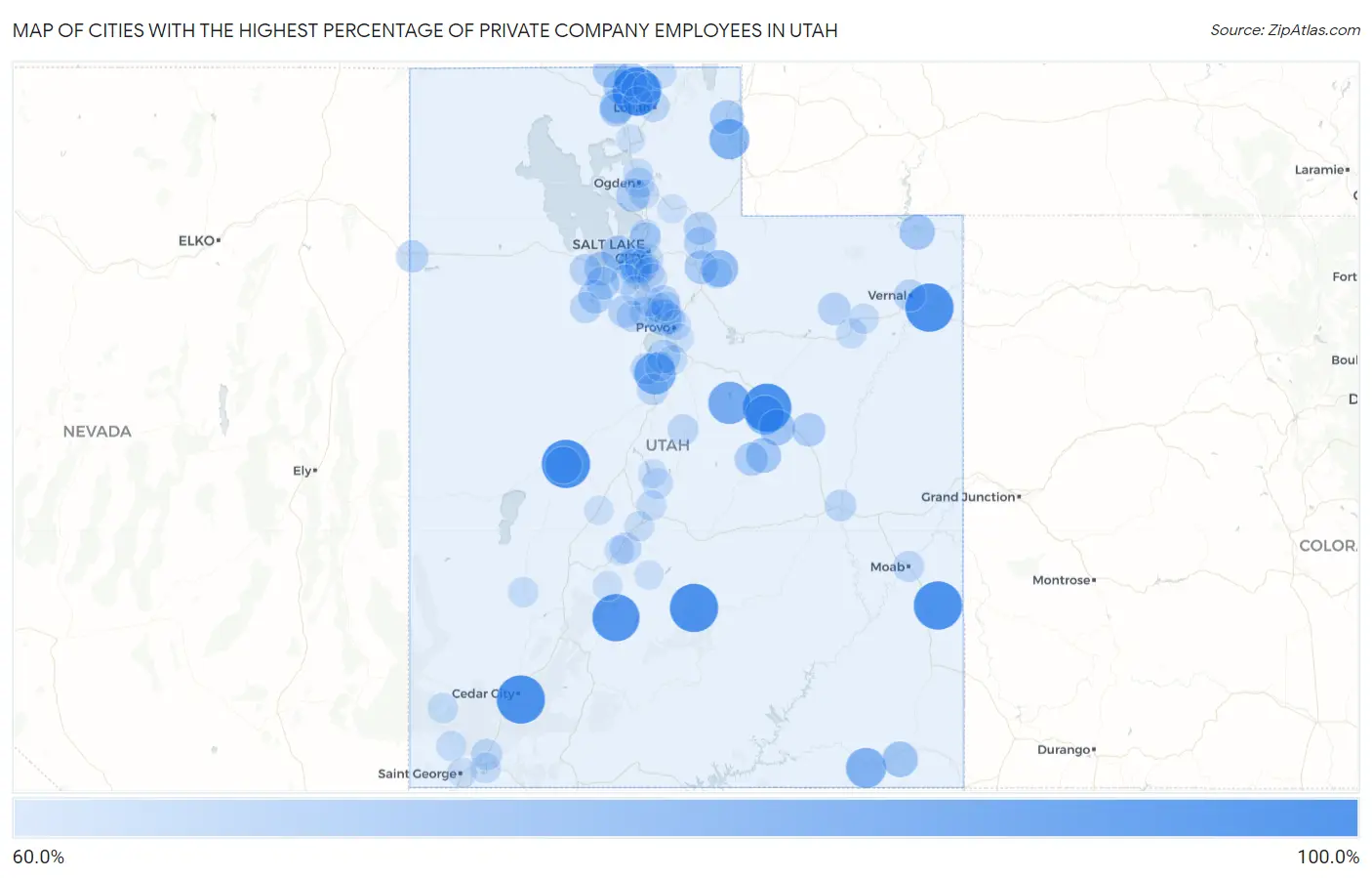 Cities with the Highest Percentage of Private Company Employees in Utah Map