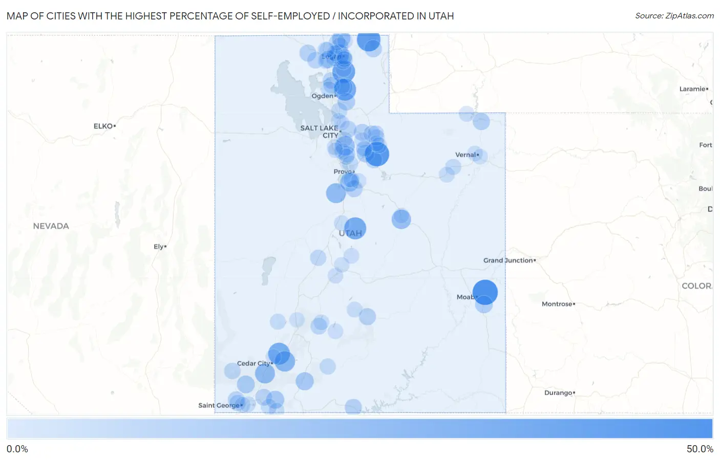 Cities with the Highest Percentage of Self-Employed / Incorporated in Utah Map