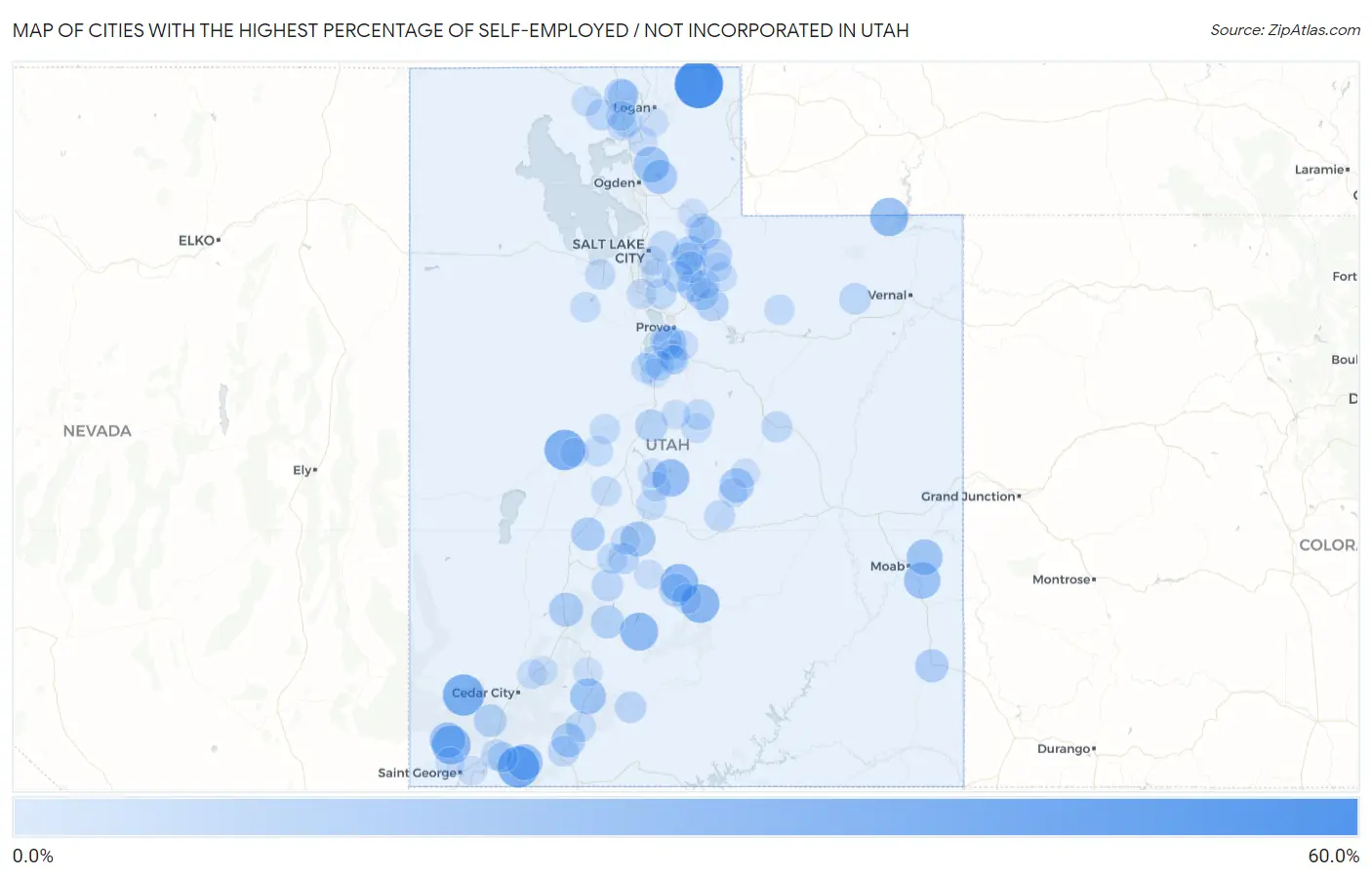 Cities with the Highest Percentage of Self-Employed / Not Incorporated in Utah Map