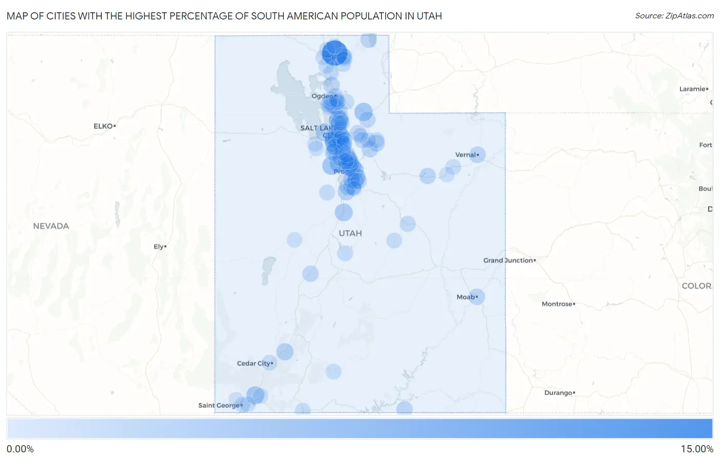 Cities with the Highest Percentage of South American Population in Utah Map