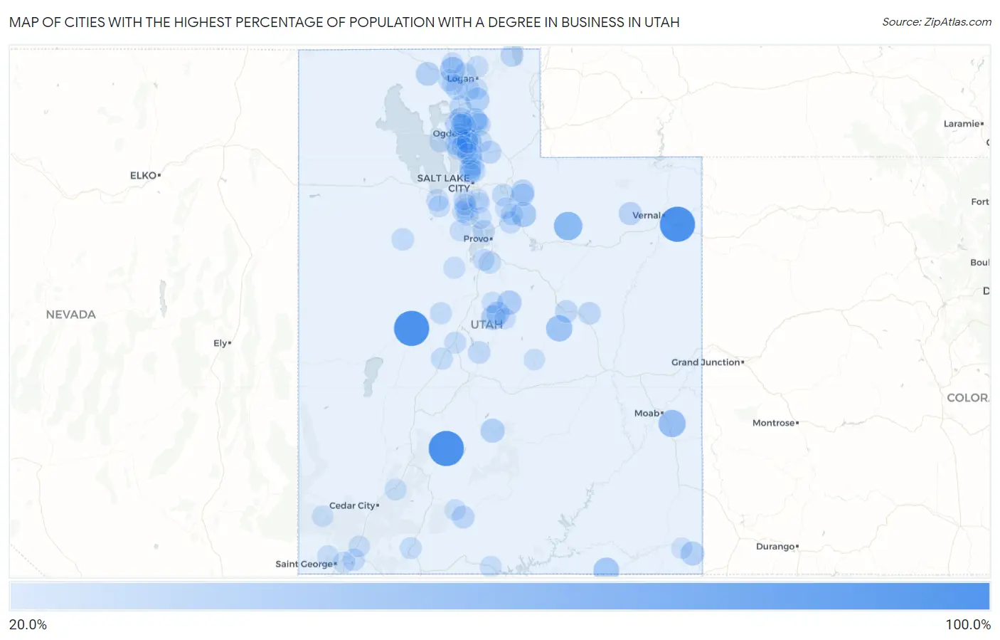 Cities with the Highest Percentage of Population with a Degree in Business in Utah Map
