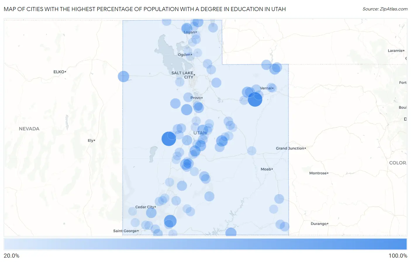 Cities with the Highest Percentage of Population with a Degree in Education in Utah Map