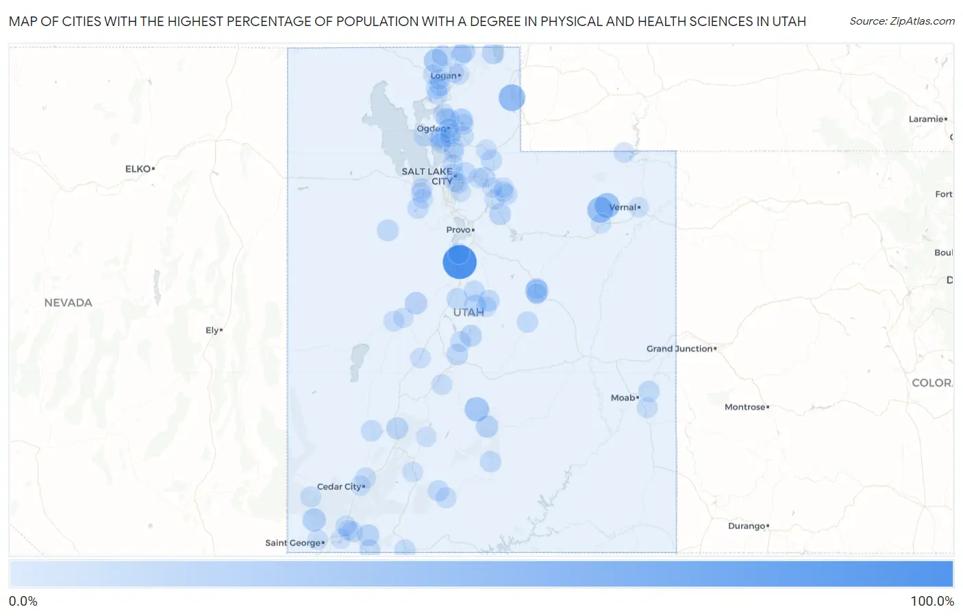 Cities with the Highest Percentage of Population with a Degree in Physical and Health Sciences in Utah Map