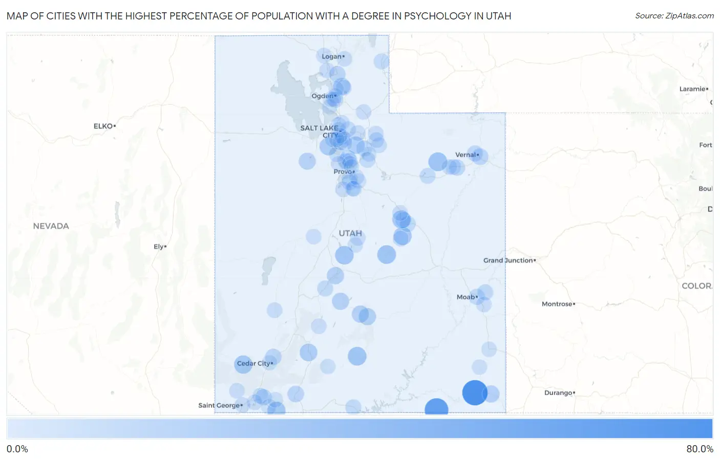 Cities with the Highest Percentage of Population with a Degree in Psychology in Utah Map
