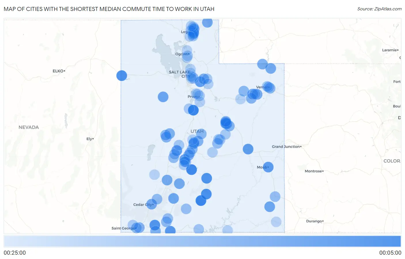 Cities with the Shortest Median Commute Time to Work in Utah Map