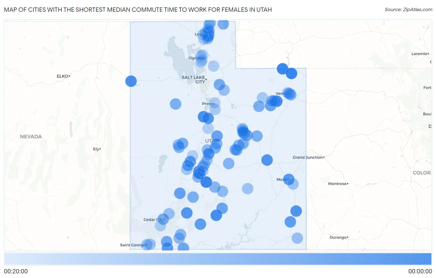 Cities with the Shortest Median Commute Time to Work for Females in Utah Map