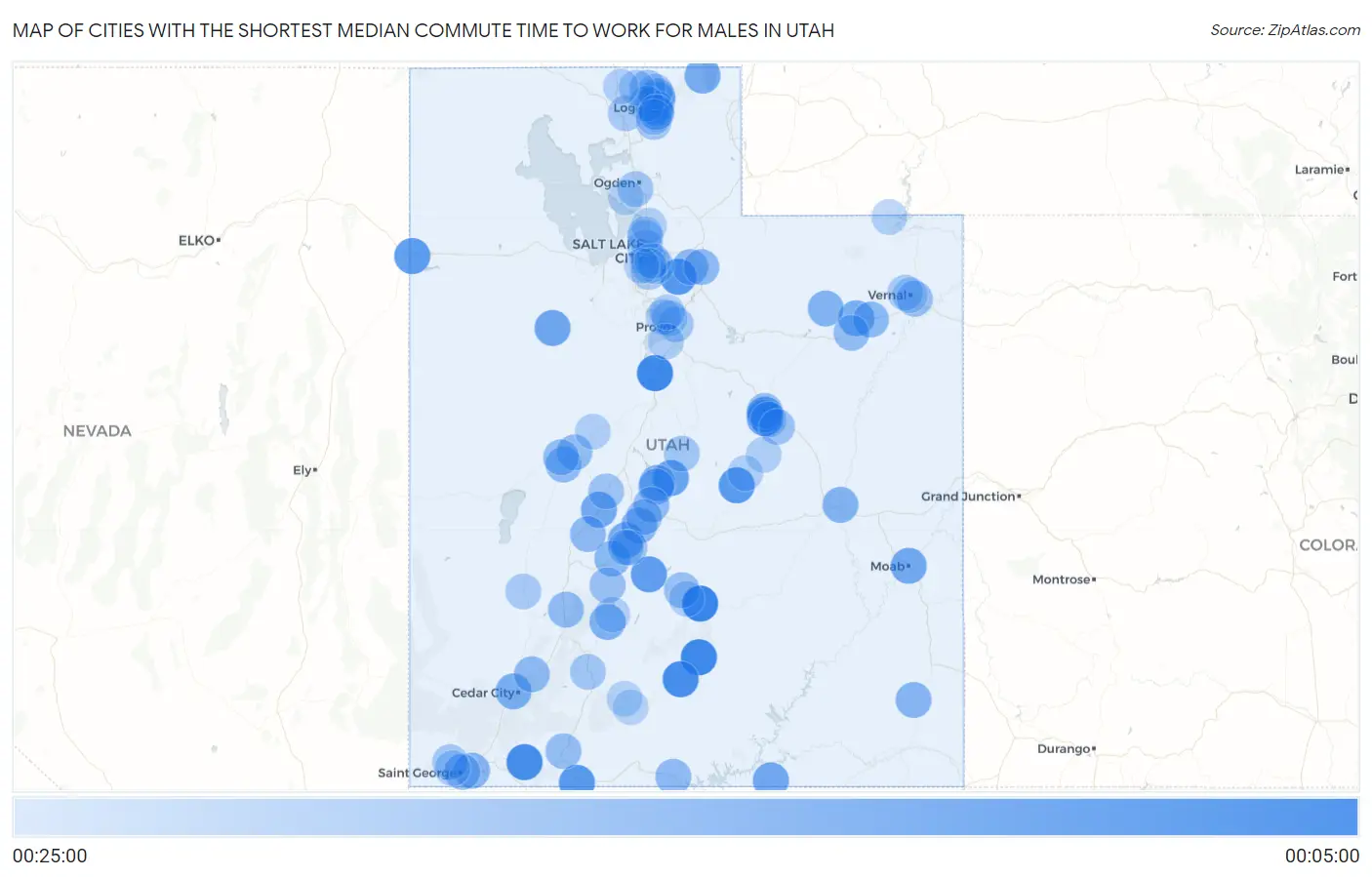 Cities with the Shortest Median Commute Time to Work for Males in Utah Map
