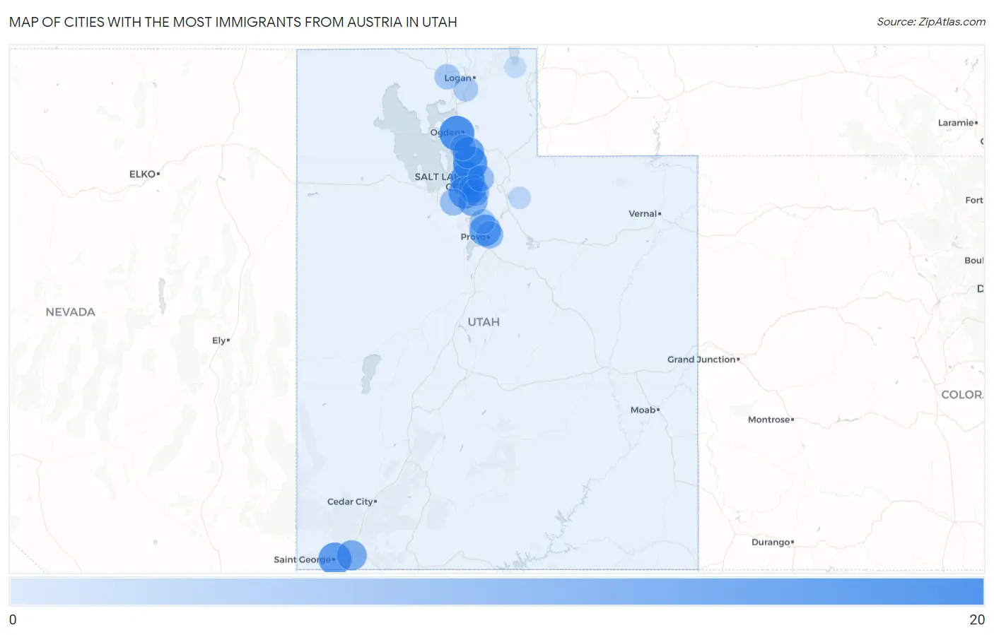 Cities with the Most Immigrants from Austria in Utah Map