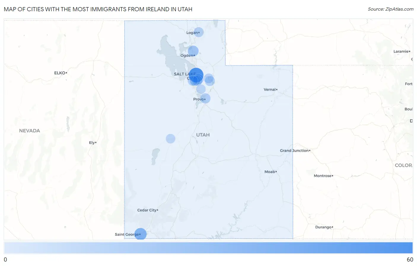 Cities with the Most Immigrants from Ireland in Utah Map