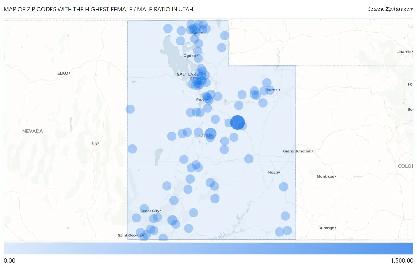 Zip Codes with the Highest Female / Male Ratio in Utah Map