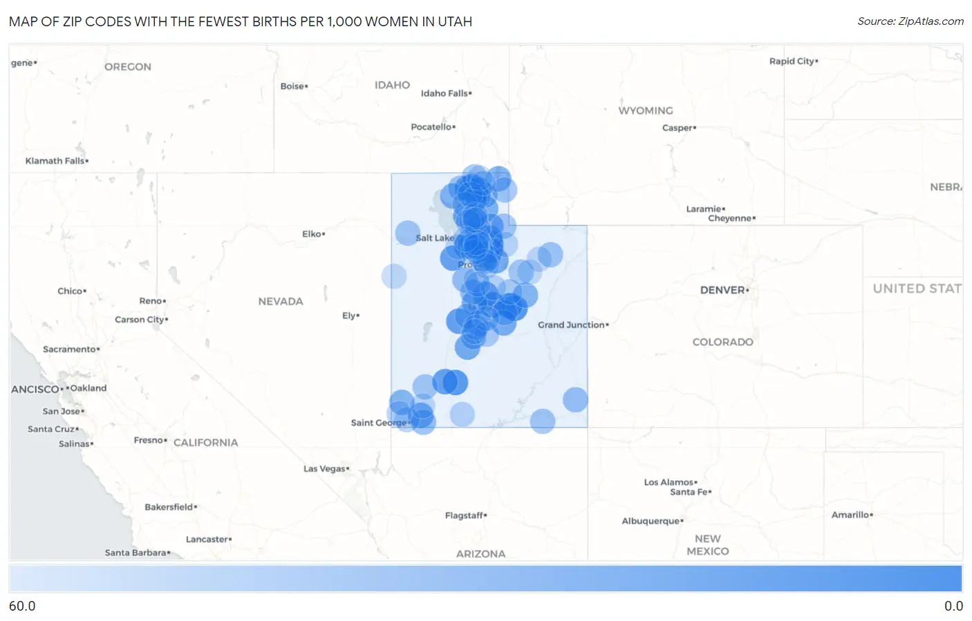 Zip Codes with the Fewest Births per 1,000 Women in Utah Map