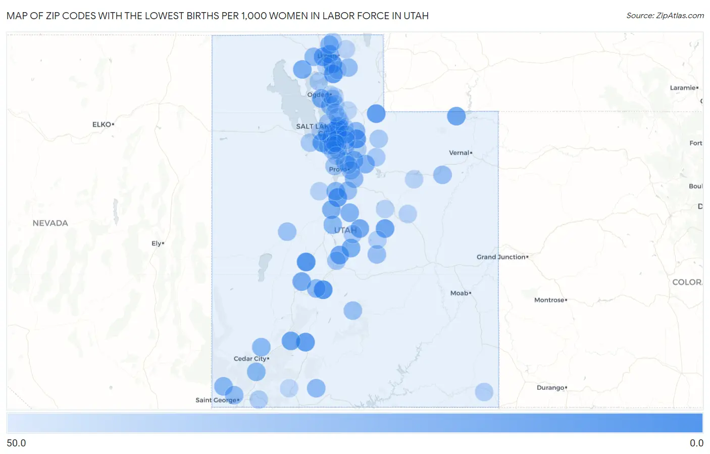 Zip Codes with the Lowest Births per 1,000 Women in Labor Force in Utah Map