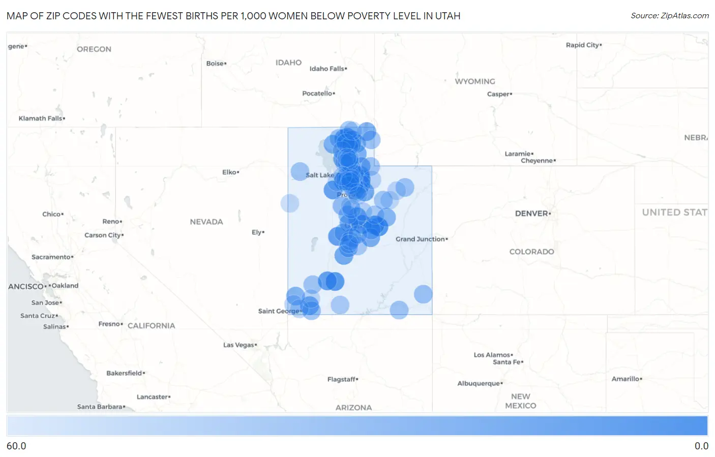 Zip Codes with the Fewest Births per 1,000 Women Below Poverty Level in Utah Map
