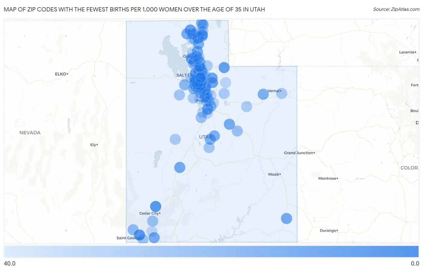 Zip Codes with the Fewest Births per 1,000 Women Over the Age of 35 in Utah Map