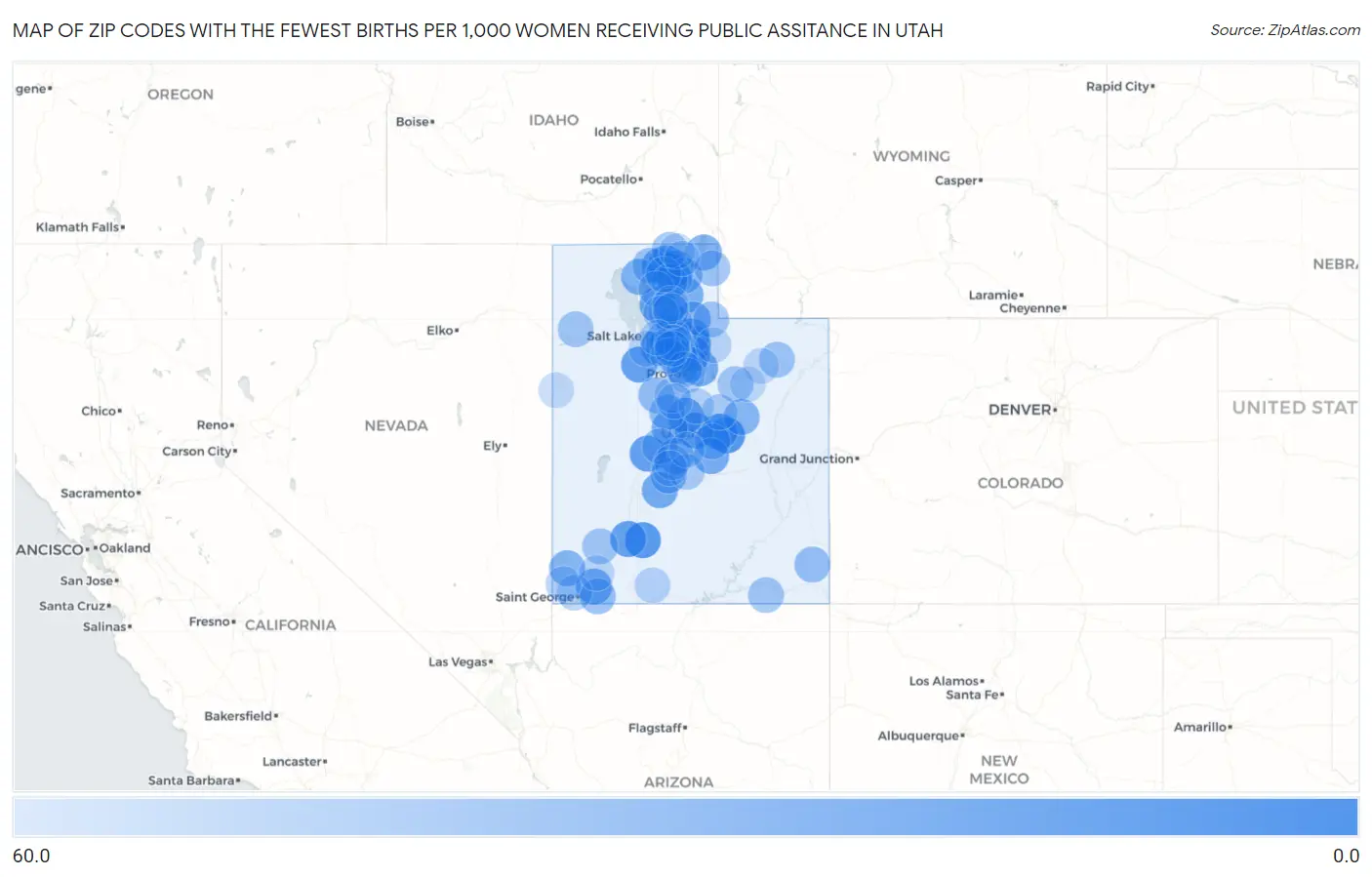 Zip Codes with the Fewest Births per 1,000 Women Receiving Public Assitance in Utah Map