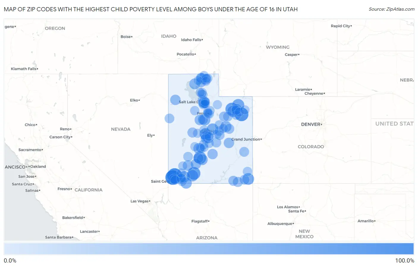Zip Codes with the Highest Child Poverty Level Among Boys Under the Age of 16 in Utah Map