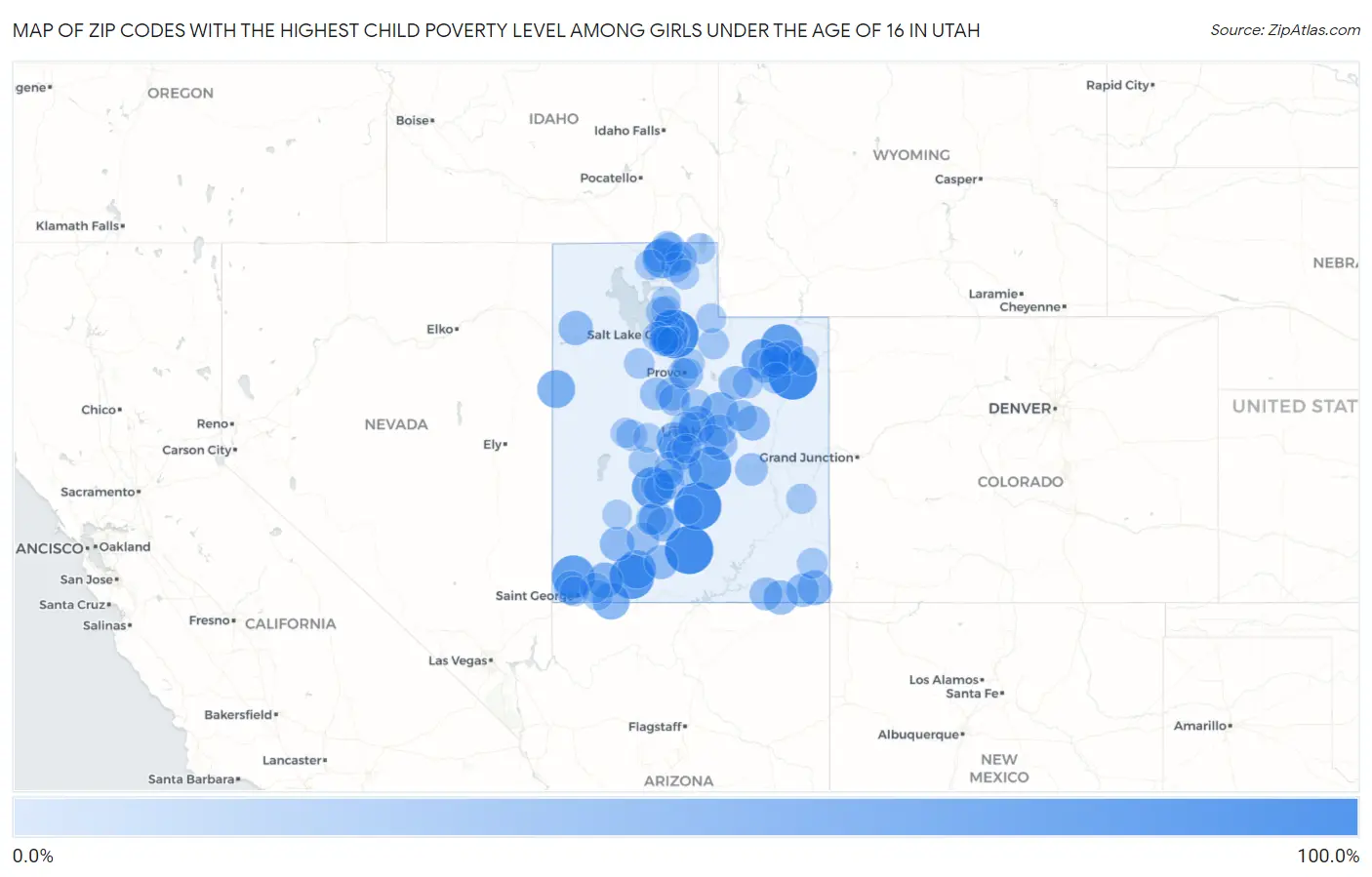Zip Codes with the Highest Child Poverty Level Among Girls Under the Age of 16 in Utah Map
