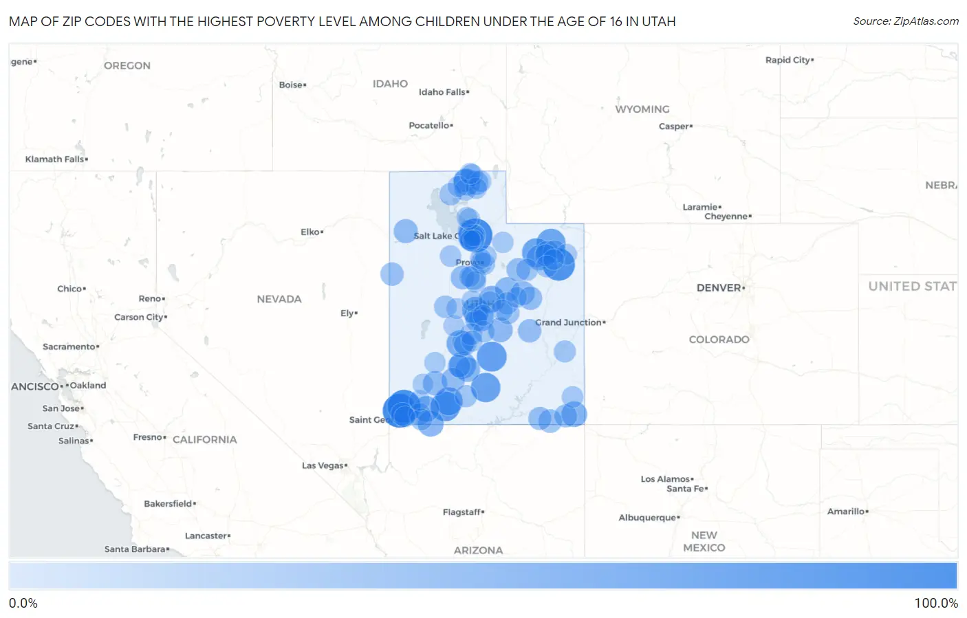 Zip Codes with the Highest Poverty Level Among Children Under the Age of 16 in Utah Map