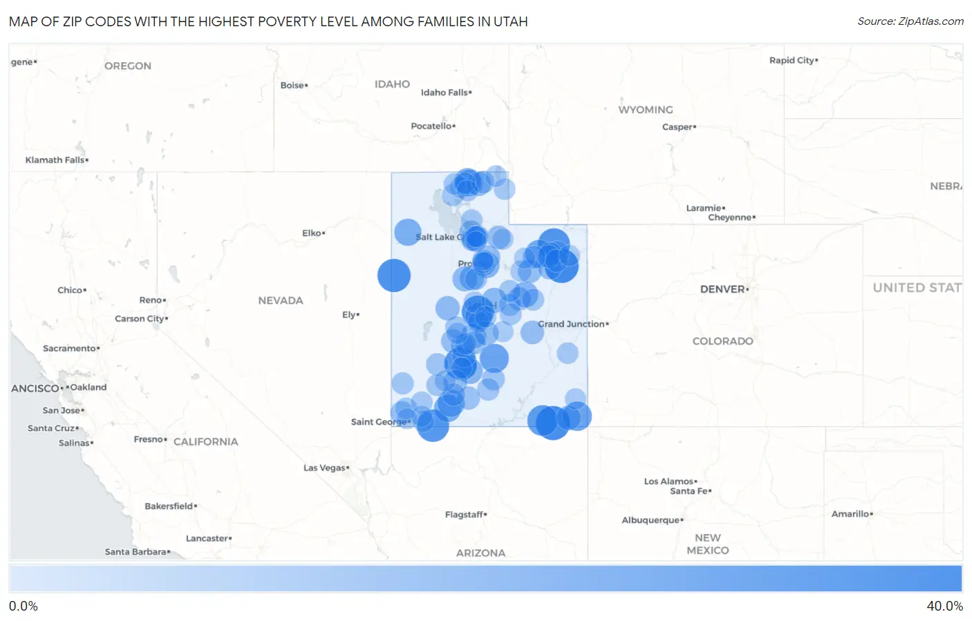Zip Codes with the Highest Poverty Level Among Families in Utah Map