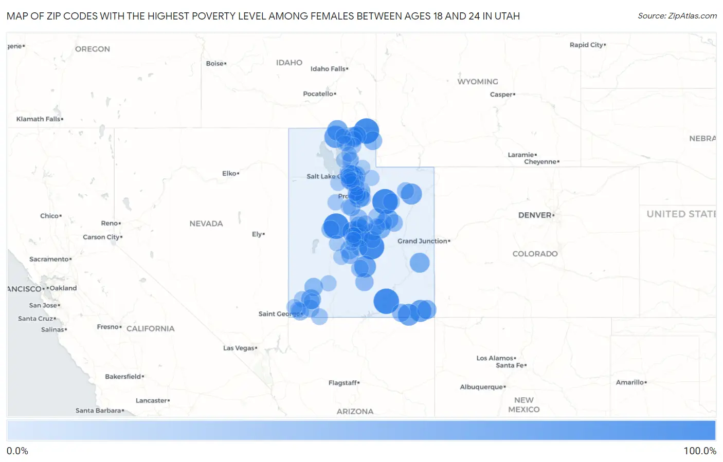 Zip Codes with the Highest Poverty Level Among Females Between Ages 18 and 24 in Utah Map