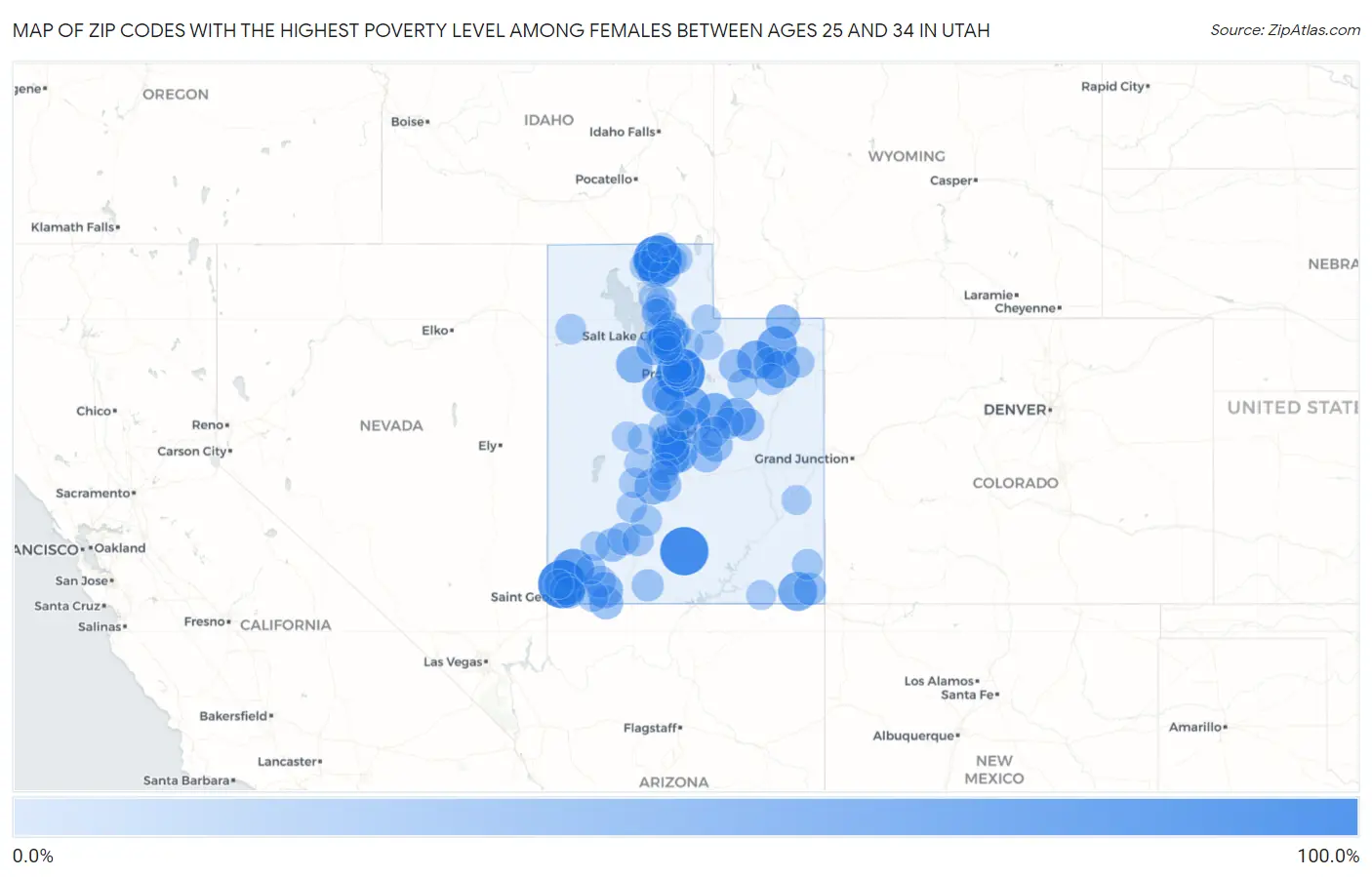 Zip Codes with the Highest Poverty Level Among Females Between Ages 25 and 34 in Utah Map