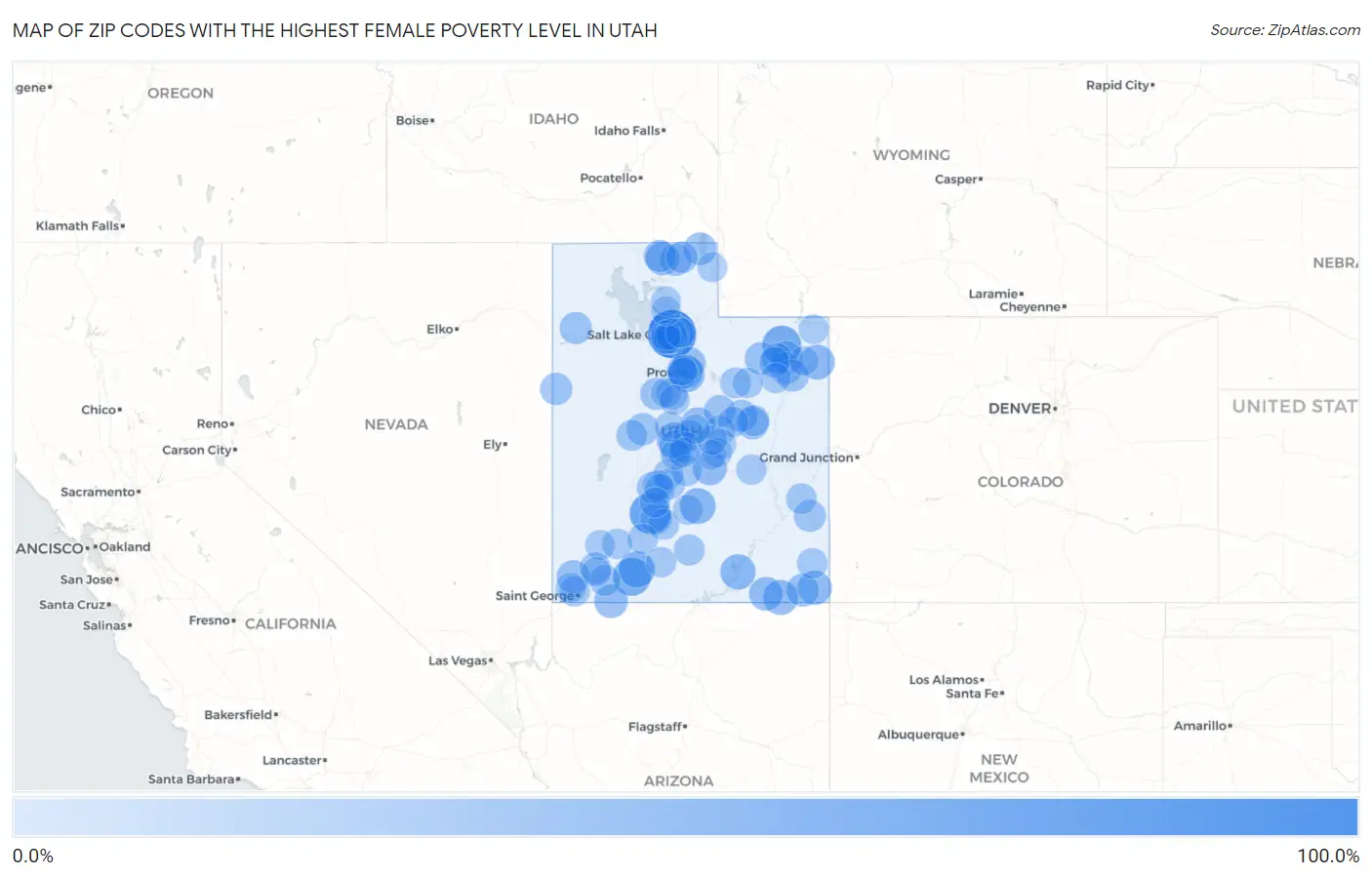Zip Codes with the Highest Female Poverty Level in Utah Map