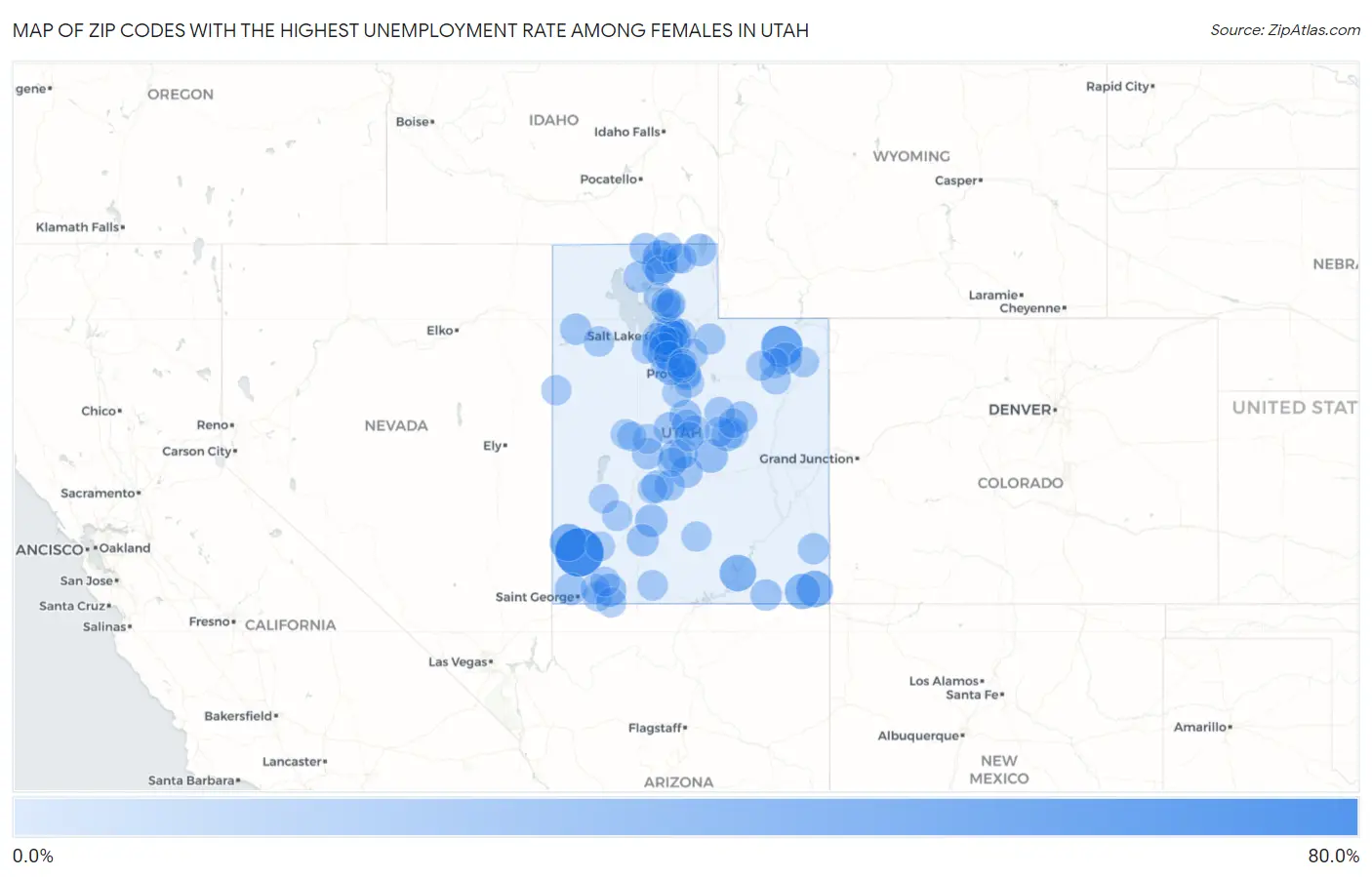 Zip Codes with the Highest Unemployment Rate Among Females in Utah Map