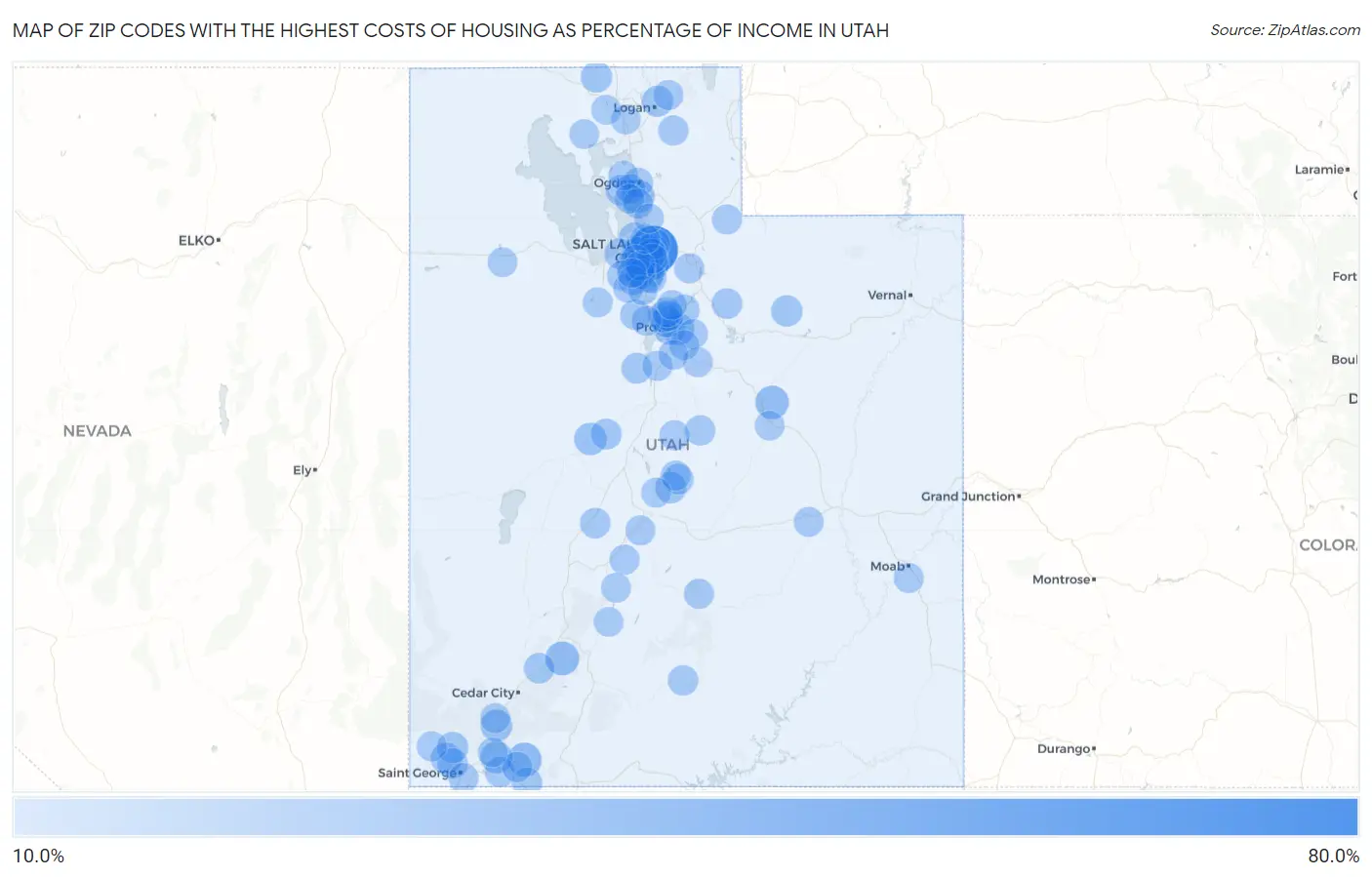 Zip Codes with the Highest Costs of Housing as Percentage of Income in Utah Map