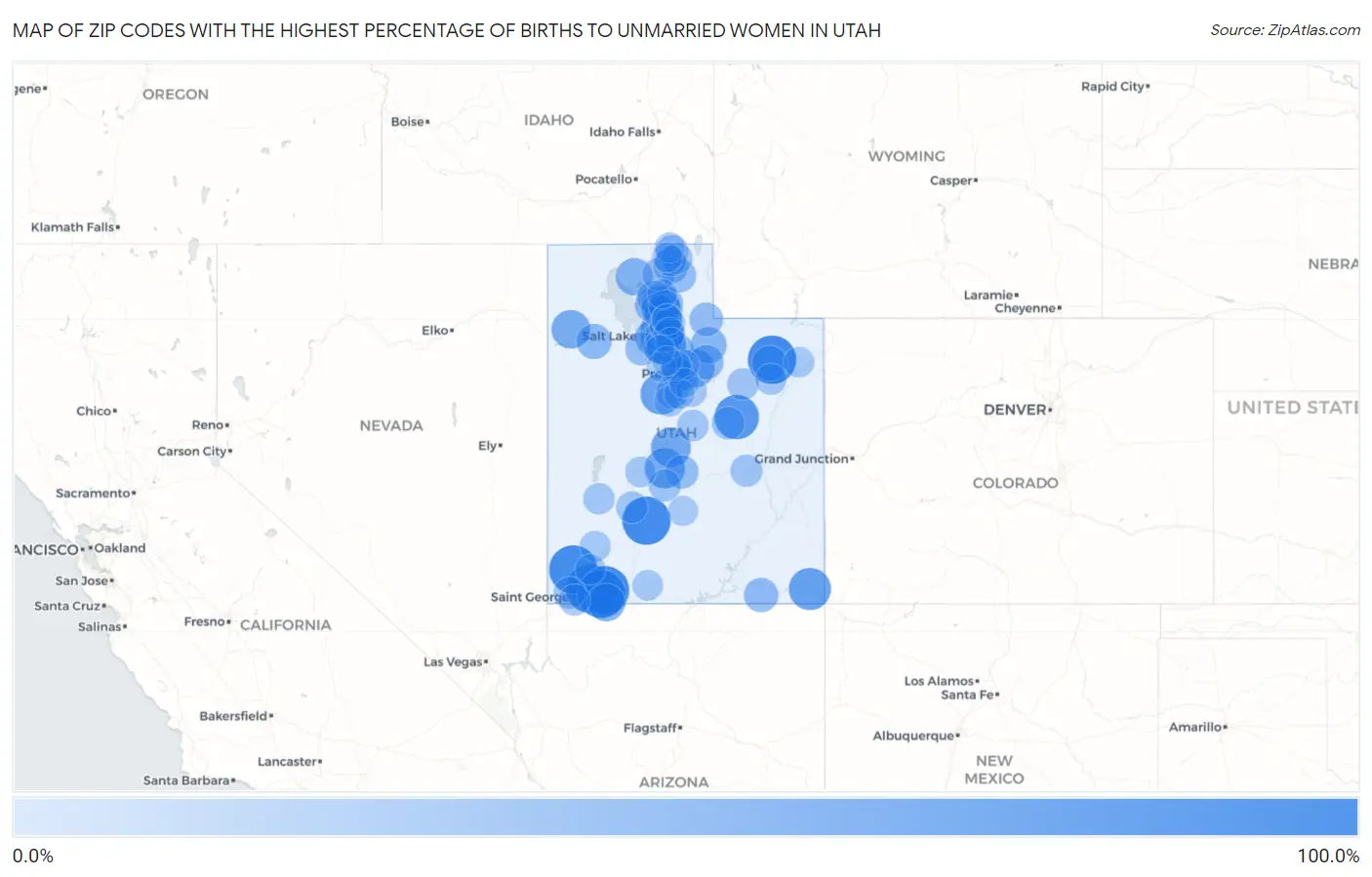 Zip Codes with the Highest Percentage of Births to Unmarried Women in Utah Map