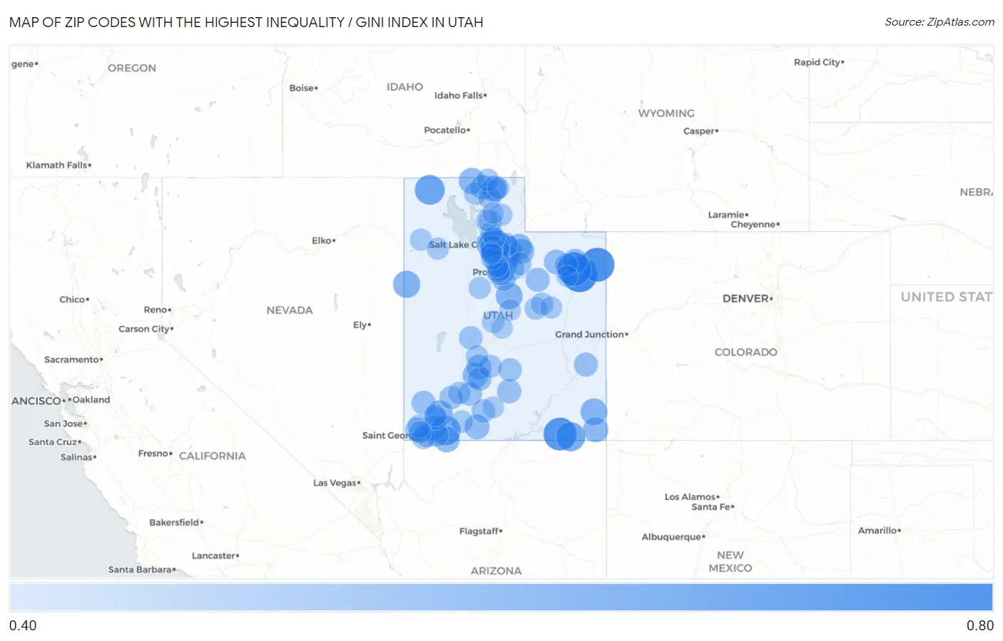 Zip Codes with the Highest Inequality / Gini Index in Utah Map