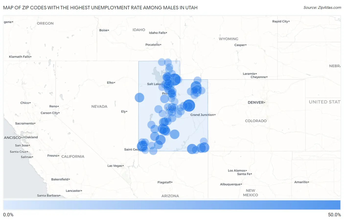Zip Codes with the Highest Unemployment Rate Among Males in Utah Map