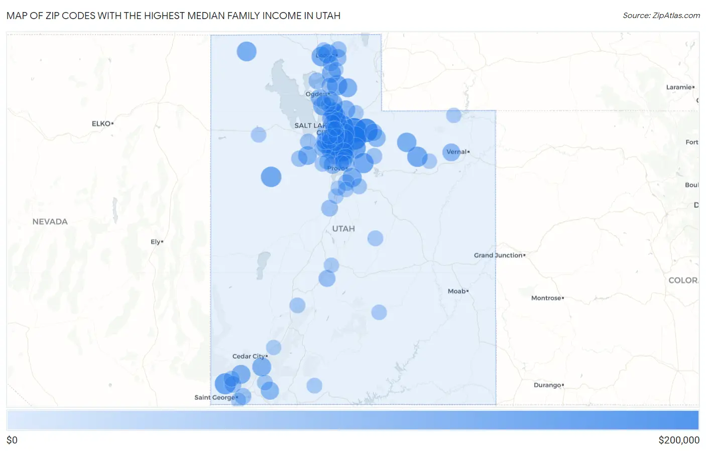 Zip Codes with the Highest Median Family Income in Utah Map