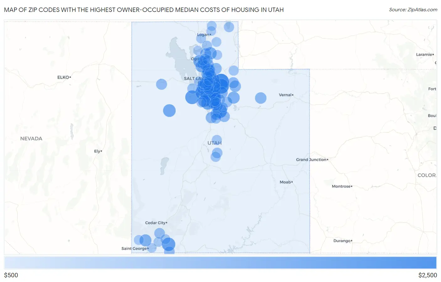 Zip Codes with the Highest Owner-Occupied Median Costs of Housing in Utah Map