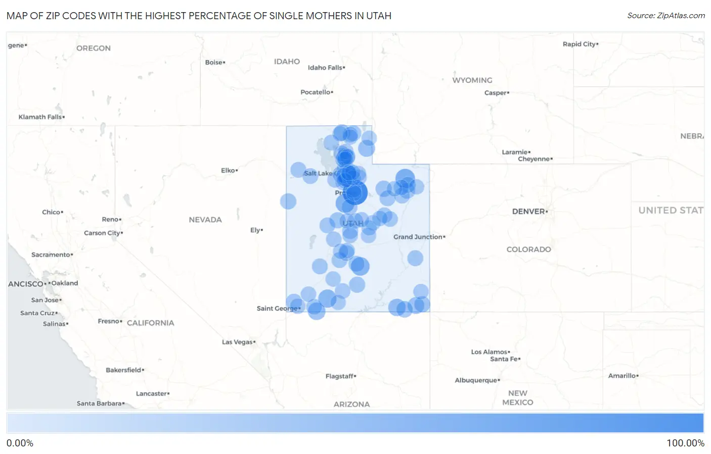Zip Codes with the Highest Percentage of Single Mothers in Utah Map