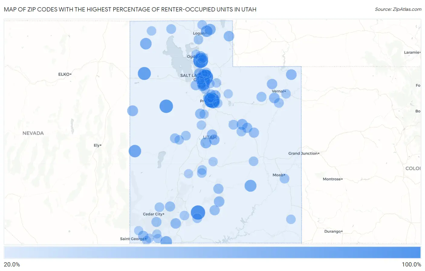 Zip Codes with the Highest Percentage of Renter-Occupied Units in Utah Map