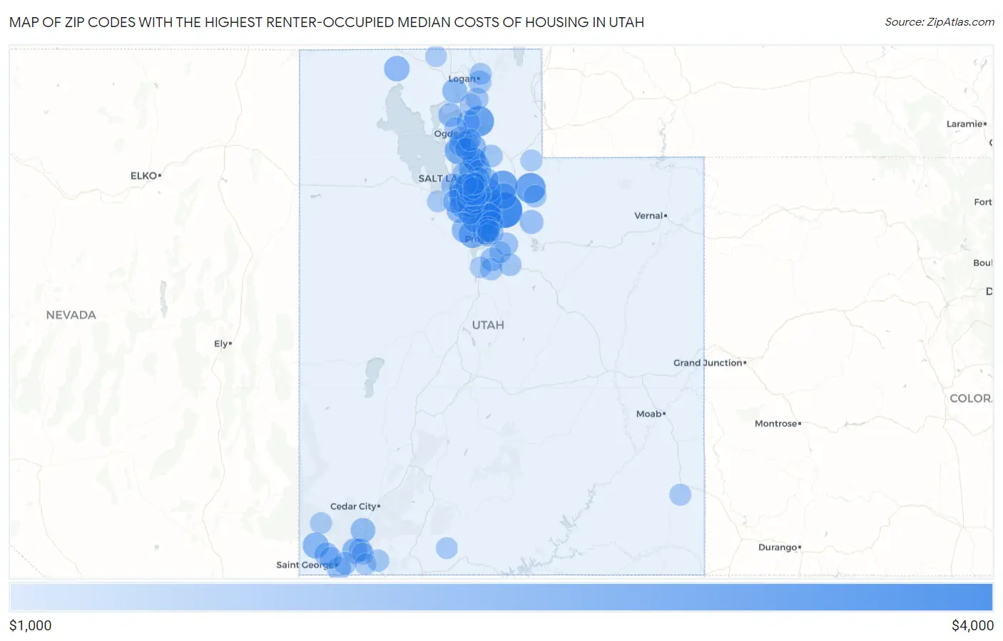 Zip Codes with the Highest Renter-Occupied Median Costs of Housing in Utah Map