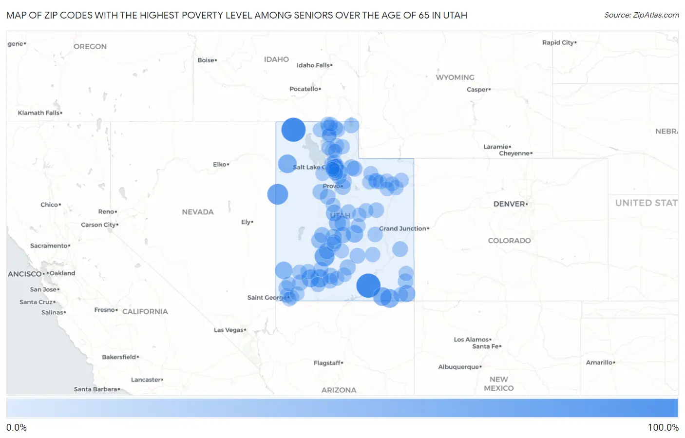 Zip Codes with the Highest Poverty Level Among Seniors Over the Age of 65 in Utah Map
