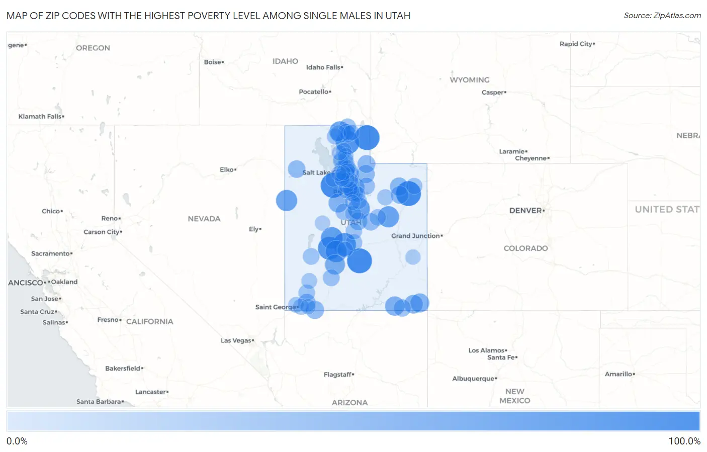 Zip Codes with the Highest Poverty Level Among Single Males in Utah Map