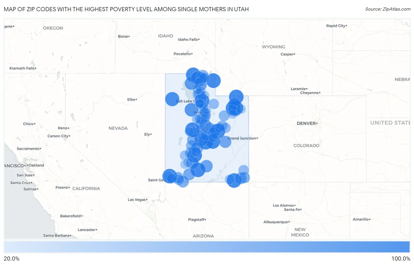 Zip Codes with the Highest Poverty Level Among Single Mothers in Utah Map