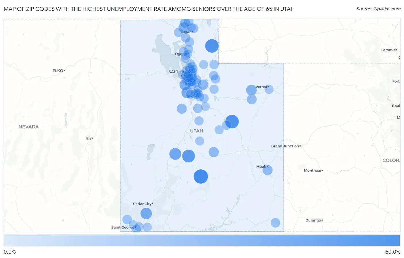 Zip Codes with the Highest Unemployment Rate Amomg Seniors Over the Age of 65 in Utah Map