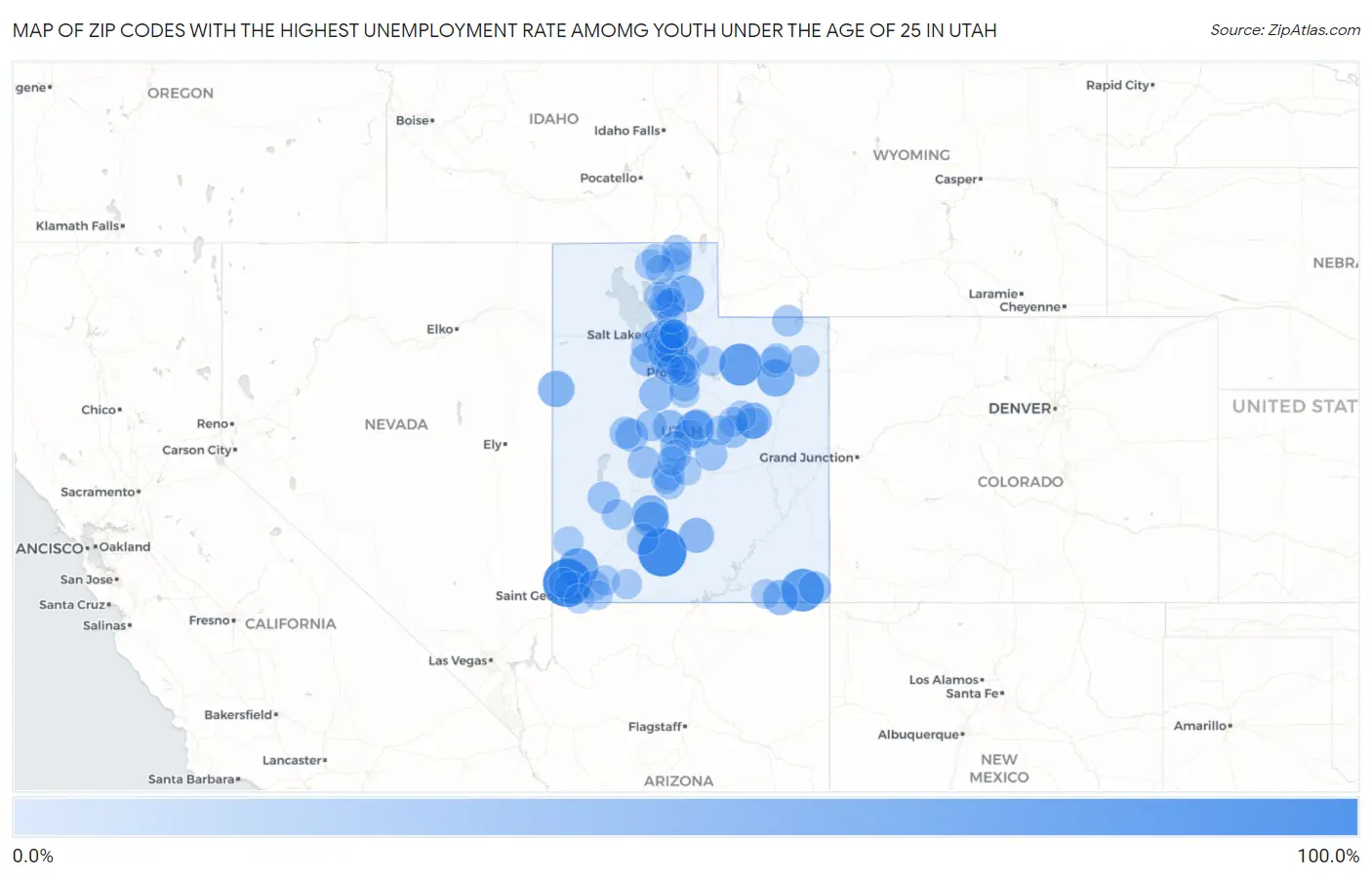 Zip Codes with the Highest Unemployment Rate Amomg Youth Under the Age of 25 in Utah Map