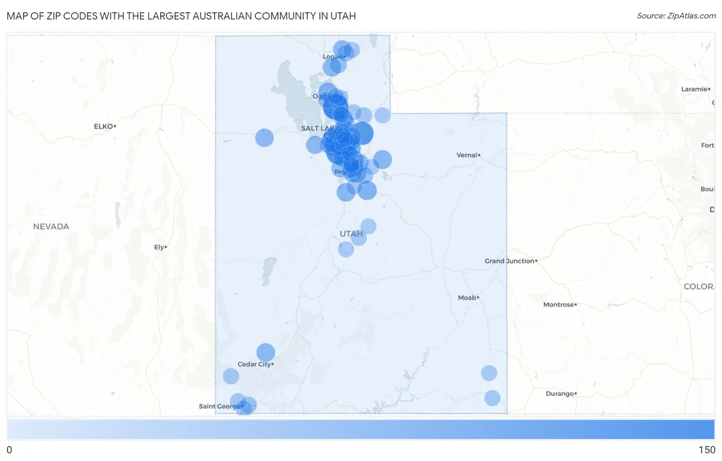 Zip Codes with the Largest Australian Community in Utah Map