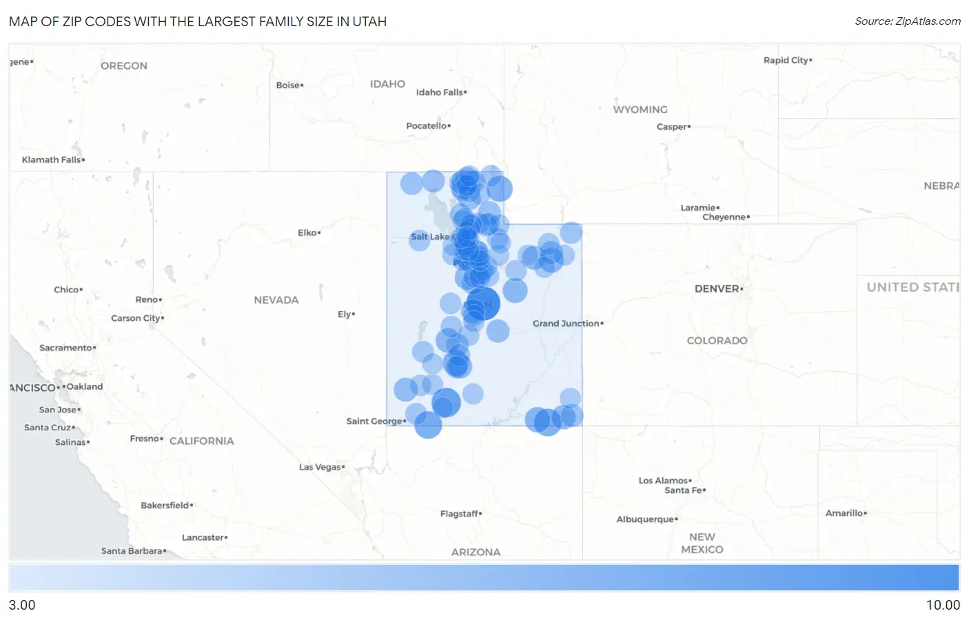 Zip Codes with the Largest Family Size in Utah Map