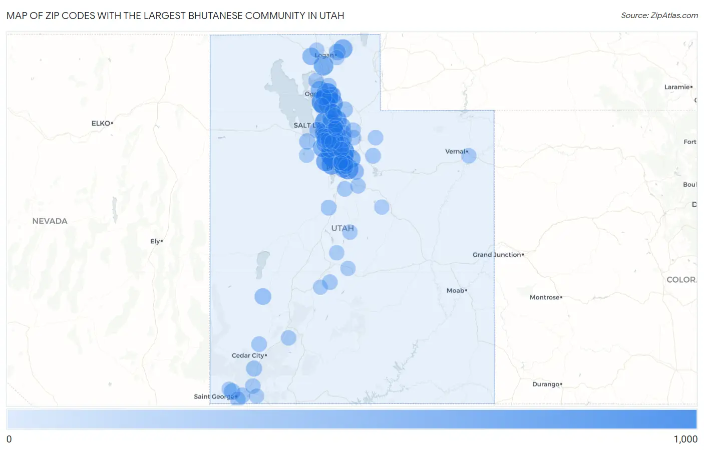 Zip Codes with the Largest Bhutanese Community in Utah Map